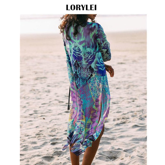 2019 Sheer Chiffon Pareo Beach Tunic Bohemian Printed Half Sleeve Side Split Mid-Calf Front Open Women Summer Kimono Dress Q550