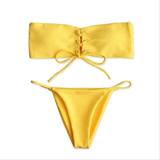 Brazilian Women Swimwear Bandeau Solid Ribbed Bikini Set Swimsuit Strapless Bathing Suit maillot de bain femme Push Up Padded Sw