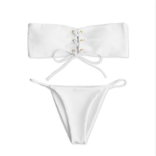 Brazilian Women Swimwear Bandeau Solid Ribbed Bikini Set Swimsuit Strapless Bathing Suit maillot de bain femme Push Up Padded Sw