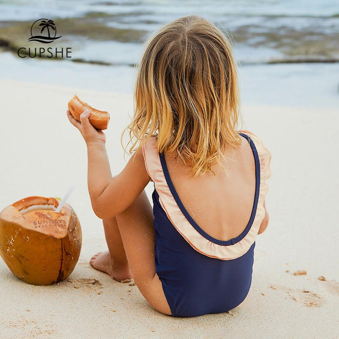 CUPSHE 2019 Toddler Girls Kids Baby Navy Blue Ruffled One-piece Swimsuit