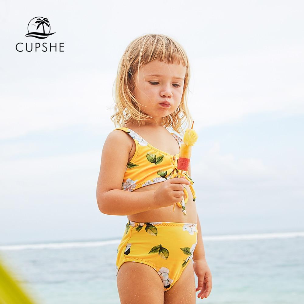 CUPSHE 2019 Toddler Girls Kids Baby Yellow Floral Printed Front Tie Bikini