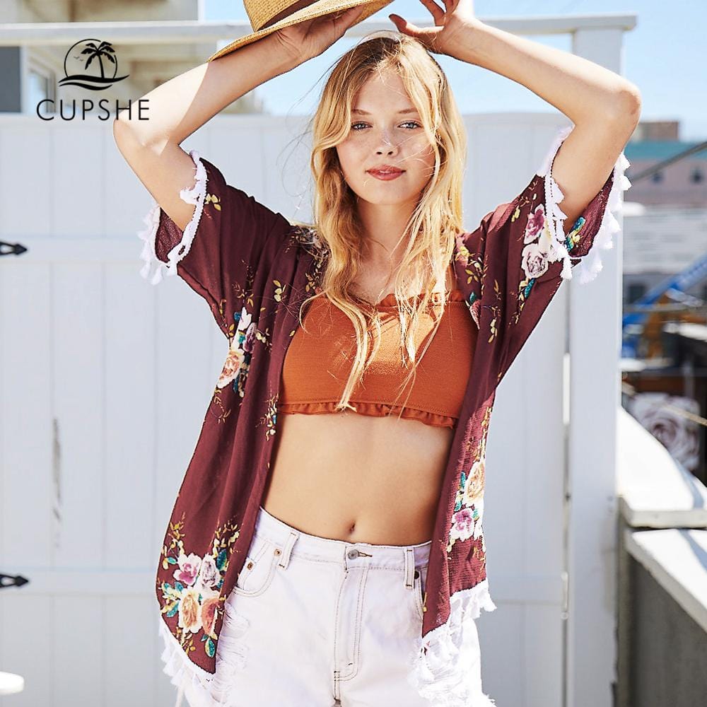 CUPSHE Beach Burgundy Floral Tasseled Cover Up Kimono 2019 Summer Women Vocation Top Clothing