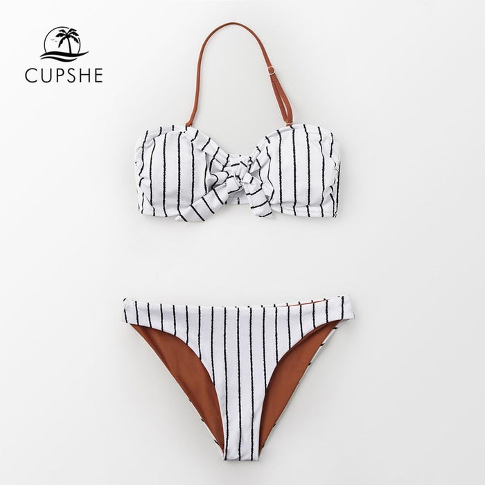 CUPSHE Black And White Striped Caramel Bandeau Bikini Sets Women Sexy Halter Two Pieces Swimsuits 2019 Girl Beach Bathing Suits