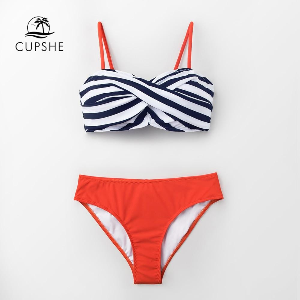 CUPSHE Black Stripe And Tangerine Wrap Bikini Sets Women Push Up Two Pieces Swimsuits 2019 Girl Beach Bathing Suits