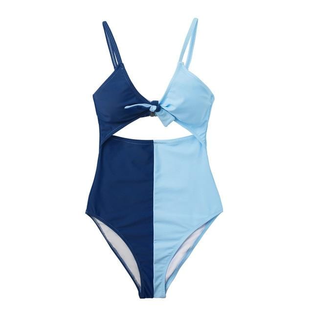 CUPSHE Blue Colorblock Tie Front Bow One-Piece Swimsuit Women Cutout Monokini 2019 Girl Beach Bathing Suits