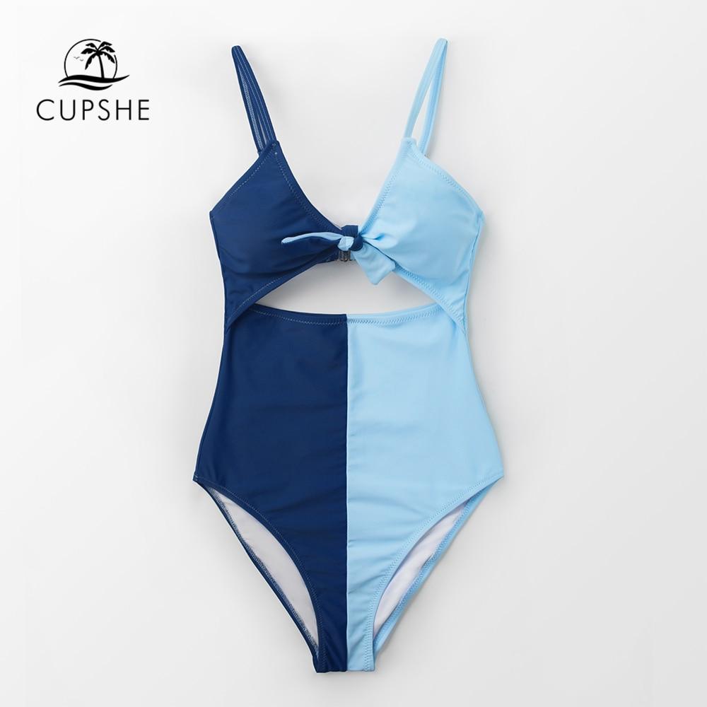 CUPSHE Blue Colorblock Tie Front Bow One-Piece Swimsuit Women Cutout Monokini 2019 Girl Beach Bathing Suits