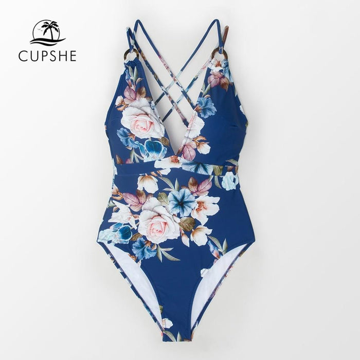 CUPSHE Blue Floral Strappy One-Piece Swimsuit Women Sexy Crisscross Monokini Swimwear 2019 Girl Beach Bathing Suits