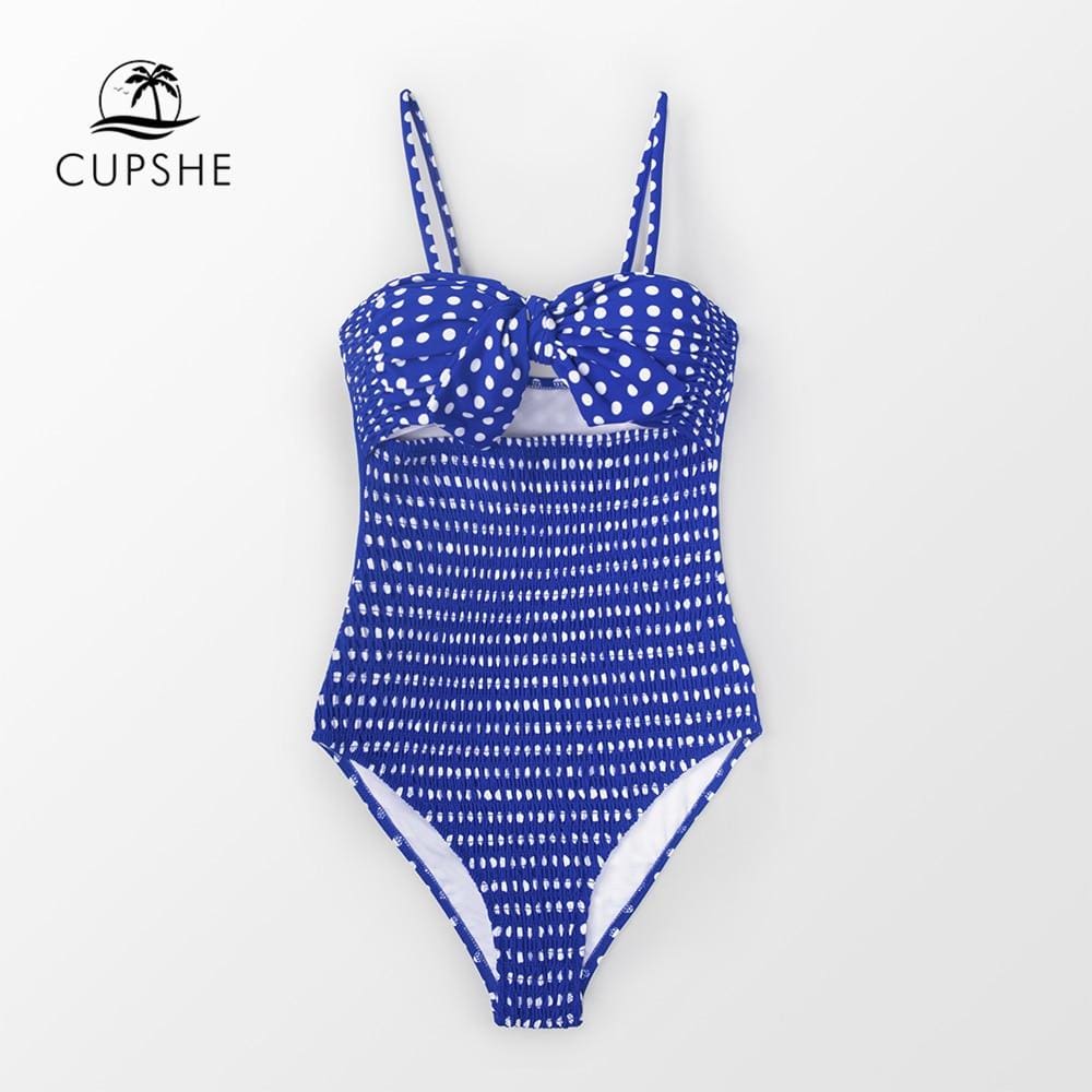 CUPSHE Blue Polka Dot Smocked One-piece Swimsuit Women Sexy Bowknot Monokini Swimwear 2019 Girl Beach Bathing Suits