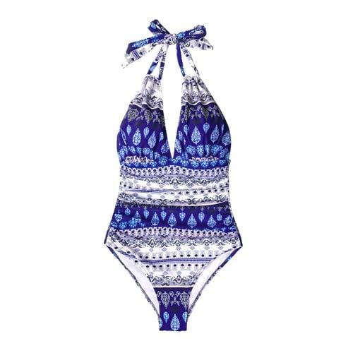 CUPSHE Boho Blue And White Tied Bow Halter One-Piece Swimsuit Women Sexy Monokini Swimwear 2019 Girl Beach Bathing Suits