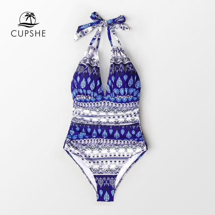 CUPSHE Boho Blue And White Tied Bow Halter One-Piece Swimsuit Women Sexy Monokini Swimwear 2019 Girl Beach Bathing Suits