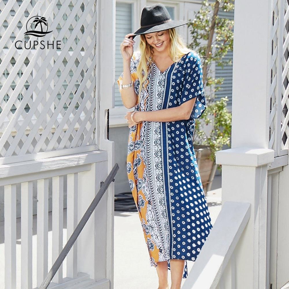 CUPSHE Boho Print Side Slit Cover Up 2019 Women Drop-shoulder sleeve Loose Long Dress Beach Bathing Suits