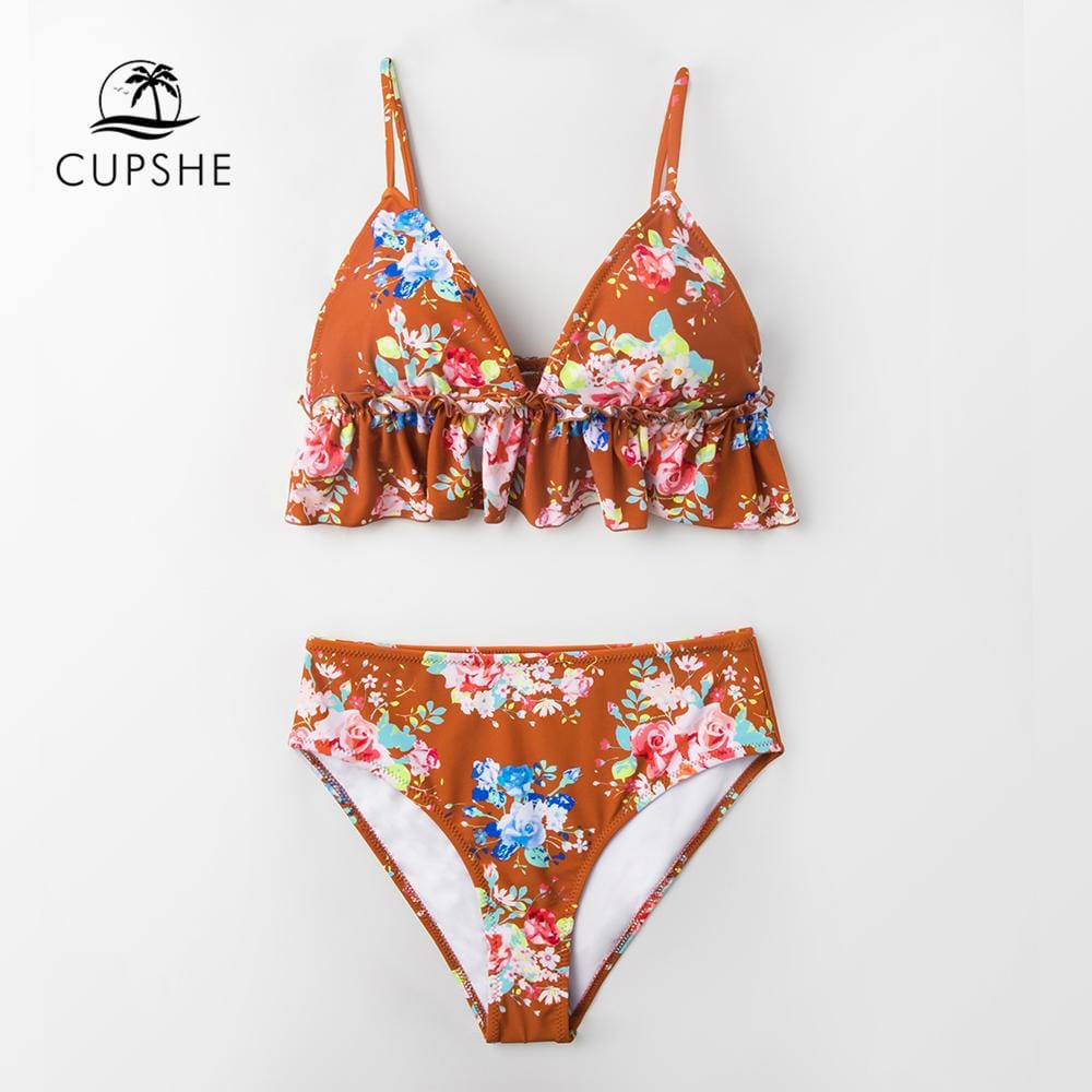 CUPSHE Caramel Floral Blossom Ruffled Bikini Sets Women Sexy Two Pieces Swimsuits 2019 Girl Beach Bathing Suits Swimwear