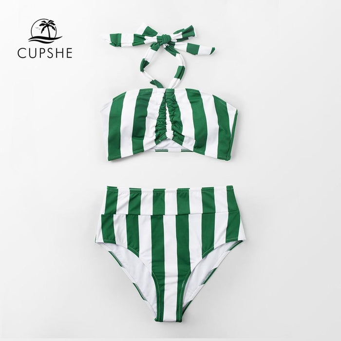 CUPSHE Cute Green And White Stripe High-Waisted Bikini Sets Women Halter Two Pieces Swimsuits 2019 Beach Bathing Suits