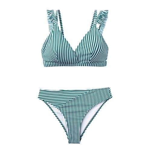 CUPSHE Cyan And White Stripe Double Straps Ruffle Bikini Sets Women Sweet Two Pieces Swimsuits 2019 Girl Beach Bathing Suits