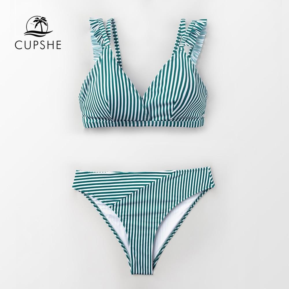CUPSHE Cyan And White Stripe Double Straps Ruffle Bikini Sets Women Sweet Two Pieces Swimsuits 2019 Girl Beach Bathing Suits