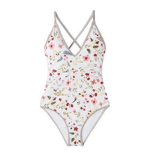 CUPSHE Dainty Floral Print V neck One-Piece Swimsuit Women Sexy Back Lace Up Monokini 2019 Girl Beach Bathing Suits swimwear