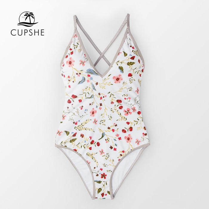 CUPSHE Dainty Floral Print V neck One-Piece Swimsuit Women Sexy Back Lace Up Monokini 2019 Girl Beach Bathing Suits swimwear