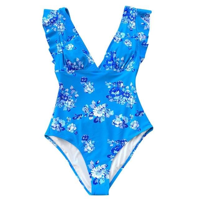 CUPSHE Elegant Blue Floral Print One-Piece Swimsuit Women V-neck Ruffle Monokini Beach Bathing Suits 2019 Girl Sexy Swimwear