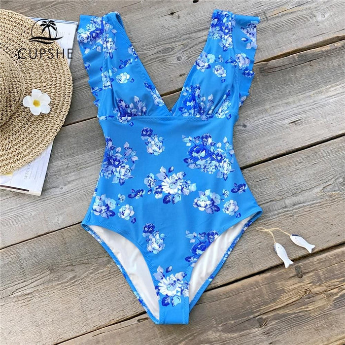 CUPSHE Elegant Blue Floral Print One-Piece Swimsuit Women V-neck Ruffle Monokini Beach Bathing Suits 2019 Girl Sexy Swimwear