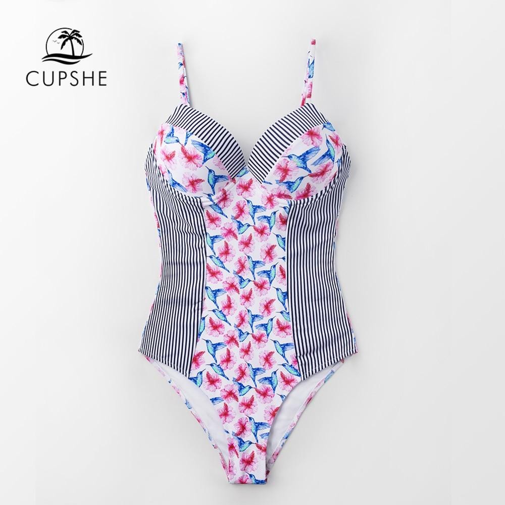 CUPSHE Floral And Striped Moulded Cups Swimsuits Women Sexy Push Up Monokini Bathing Suits 2019 Girl Beach Swimwear