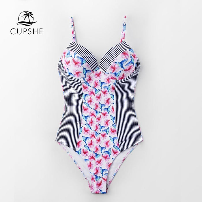 CUPSHE Floral And Striped Moulded Cups Swimsuits Women Sexy Push Up Monokini Bathing Suits 2019 Girl Beach Swimwear