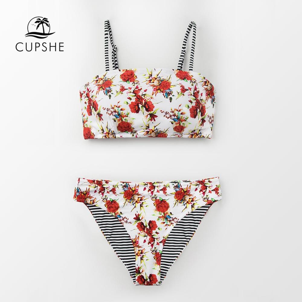 CUPSHE Floral Bandeau And Reversible Bikini Sets Women Sweet Two Pieces Swimsuits 2019 Girl Beach Bathing Suits