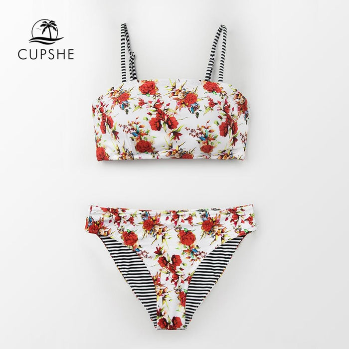 CUPSHE Floral Bandeau And Reversible Bikini Sets Women Sweet Two Pieces Swimsuits 2019 Girl Beach Bathing Suits