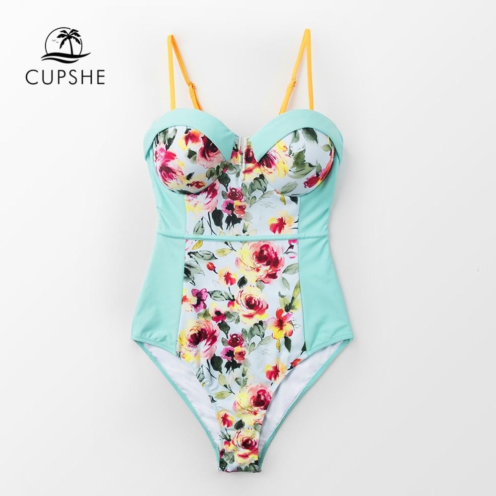 CUPSHE Floral Moulded Cups One-Piece Swimsuit Women Sexy Push Up Tied Back Bow Monokini 2019 Girl Beach Bathing Suits