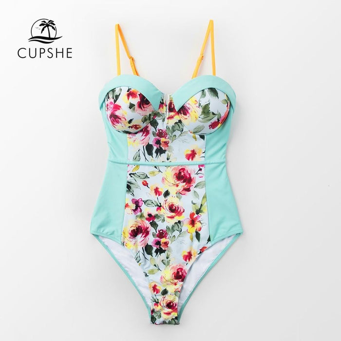 CUPSHE Floral Moulded Cups One-Piece Swimsuit Women Sexy Push Up Tied Back Bow Monokini 2019 Girl Beach Bathing Suits