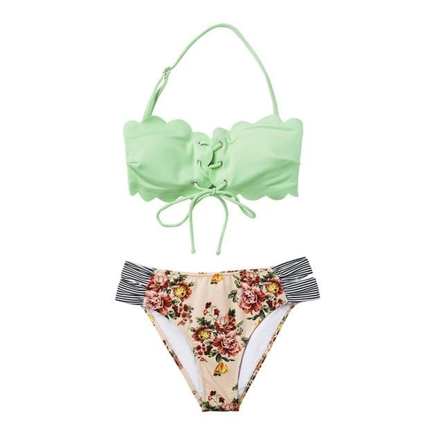 CUPSHE Green And Floral Lace-up Halter Bikini Sets Women Scalloped Two Pieces Swimsuits 2019 Girl Beach Bathing Suits