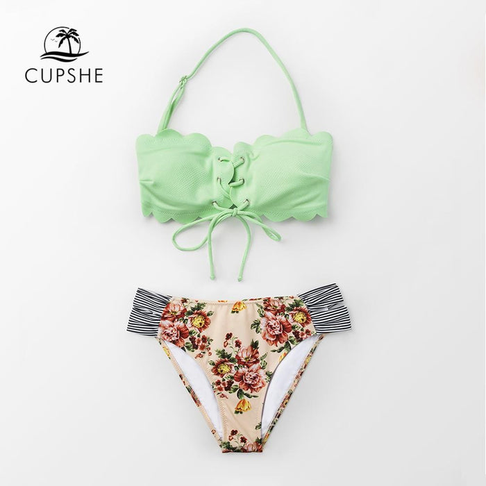 CUPSHE Green And Floral Lace-up Halter Bikini Sets Women Scalloped Two Pieces Swimsuits 2019 Girl Beach Bathing Suits