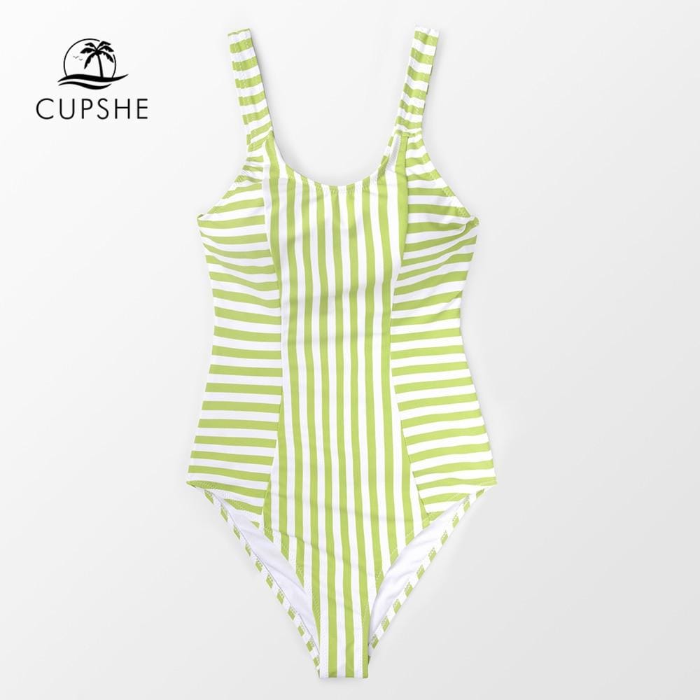 CUPSHE Green And White Stripe One-Piece Swimsuit Women Cutout Monokini Swimwear 2019 Girl Beach Bathing Suits