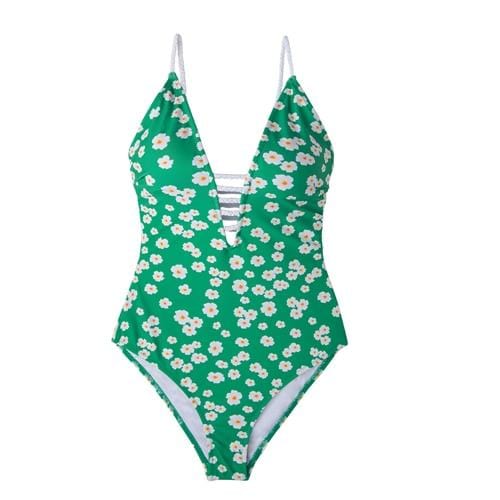 CUPSHE Green Floral One-Piece Swimsuit Women Boho Lace Up Monokini Swimwear 2019 Girl Beach Bathing Suits