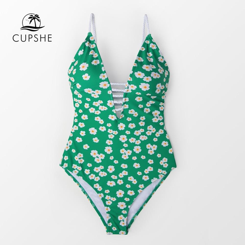 CUPSHE Green Floral One-Piece Swimsuit Women Boho Lace Up Monokini Swimwear 2019 Girl Beach Bathing Suits