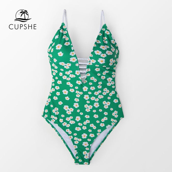 CUPSHE Green Floral One-Piece Swimsuit Women Boho Lace Up Monokini Swimwear 2019 Girl Beach Bathing Suits