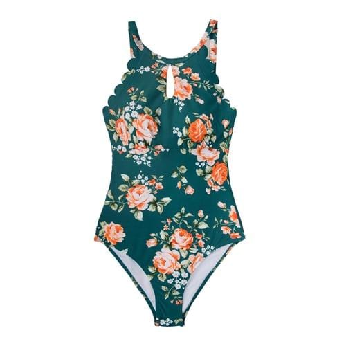 CUPSHE Green Floral Scalloped One-piece Swimsuit Women Cutout Monokini Swimwear 2019 Girl Beach Bathing Suits