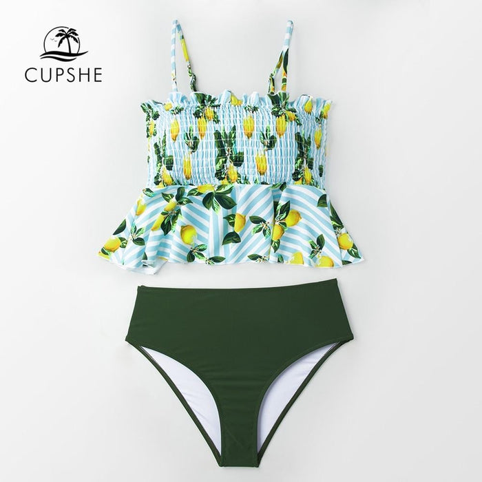 CUPSHE Green Lemon Print Ruffle Bikini Sets Women Cute Peplum Tank Two Pieces Swimsuits 2019 Girl Beach Bathing Suits