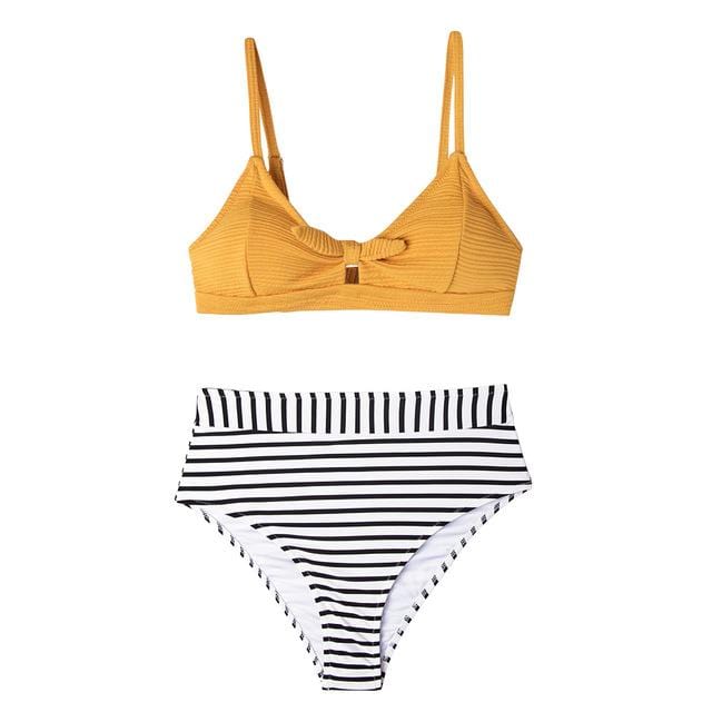 CUPSHE Knotted Yellow Bikini with Striped High-Waist Bottom Women Boho Two Pieces Swimsuits 2019 Girl Beach Bathing Suits