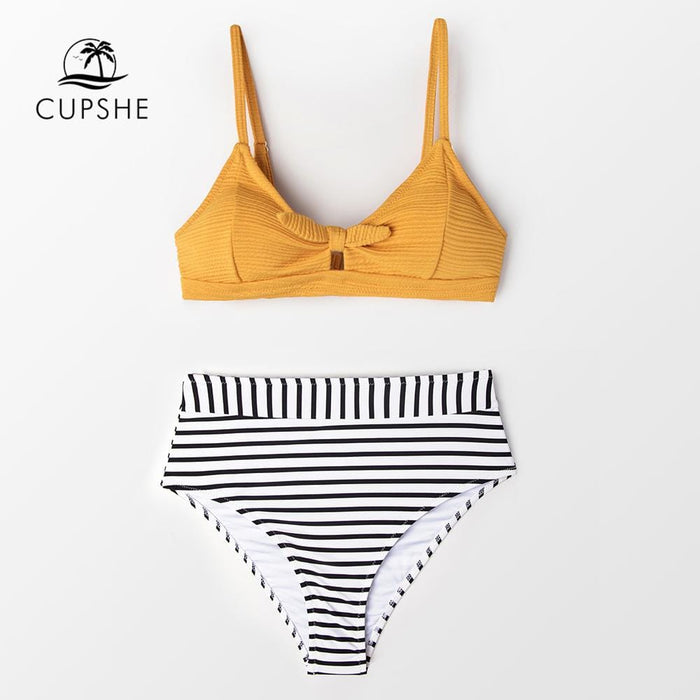 CUPSHE Knotted Yellow Bikini with Striped High-Waist Bottom Women Boho Two Pieces Swimsuits 2019 Girl Beach Bathing Suits