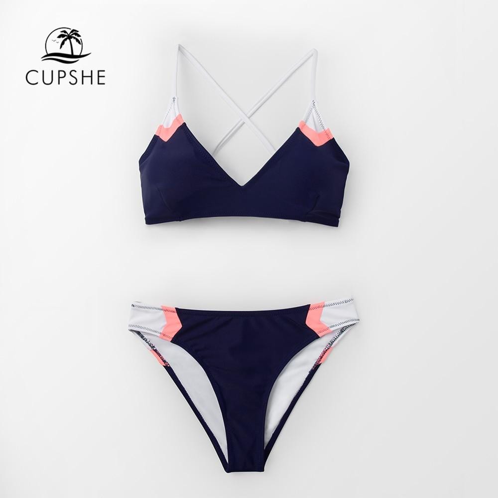 CUPSHE Navy Sport Lace-Up Bikini Sets Women Sexy Colorblock Two Pieces Swimsuits 2019 Girl Beach Bathing Suits Swimwear