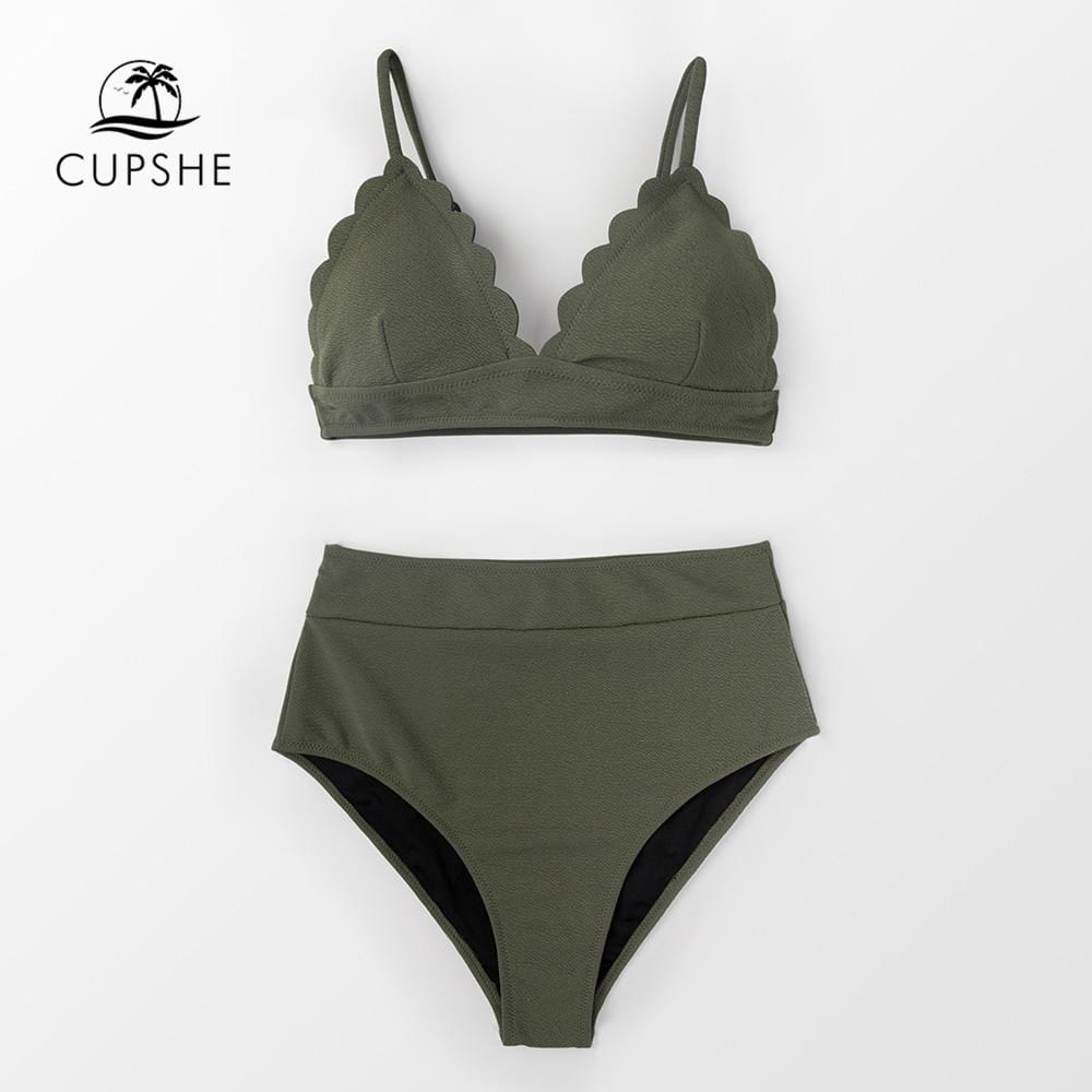 CUPSHE Olive Green High-Waist Bikini Sets Women Solid Two Pieces Swimsuits 2019 Girl Beach Bathing Suits Swimwear
