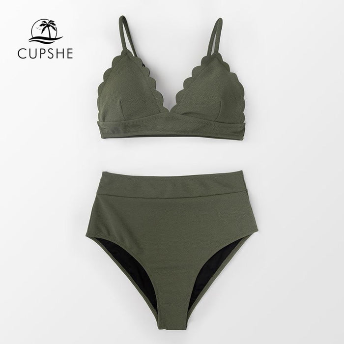 CUPSHE Olive Green High-Waist Bikini Sets Women Solid Two Pieces Swimsuits 2019 Girl Beach Bathing Suits Swimwear