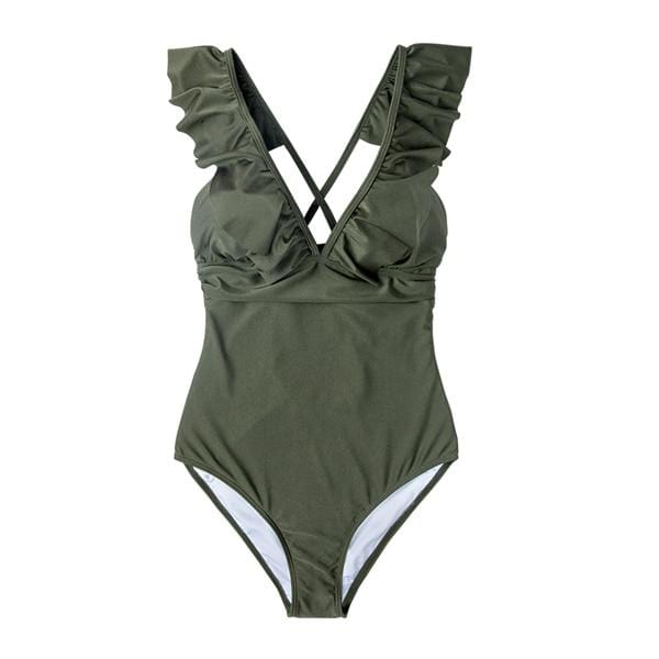 CUPSHE Olive Green Ruffled One-Piece Swimsuit Women Solid Monokini 2019 Girl Beach Bathing Suits