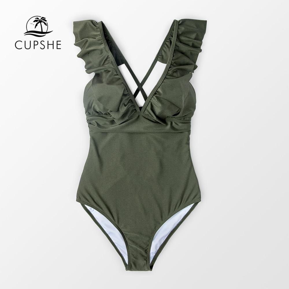 CUPSHE Olive Green Ruffled One-Piece Swimsuit Women Solid Monokini 2019 Girl Beach Bathing Suits