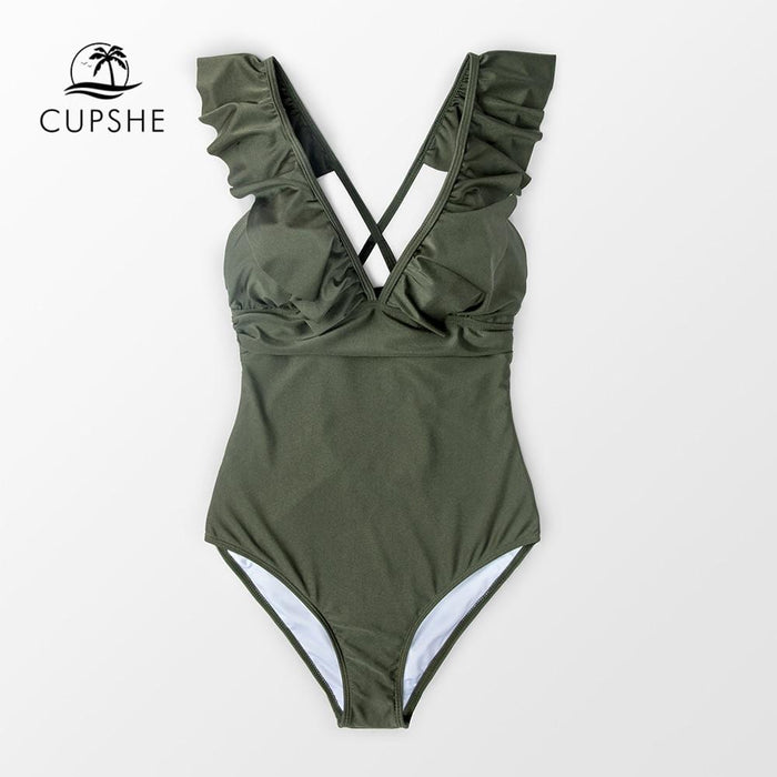 CUPSHE Olive Green Ruffled One-Piece Swimsuit Women Solid Monokini 2019 Girl Beach Bathing Suits