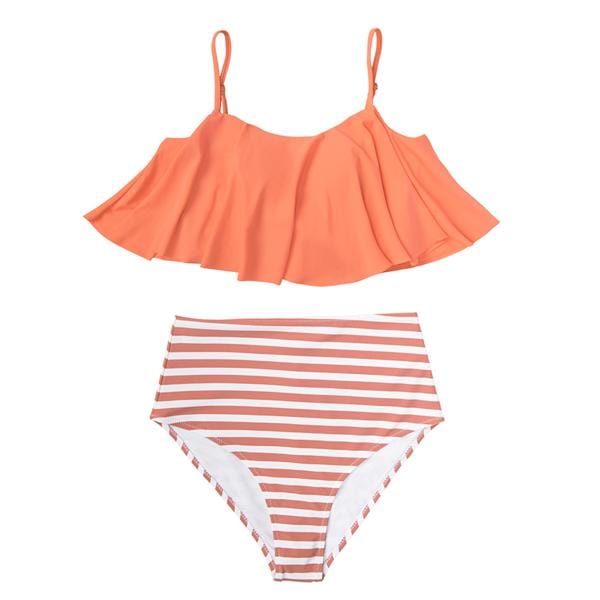 CUPSHE Orange Flounce And Striped Bikini Sets 2019 Women Sweet Ruffle High Waist Two Pieces Swimsuits Bathing Suits