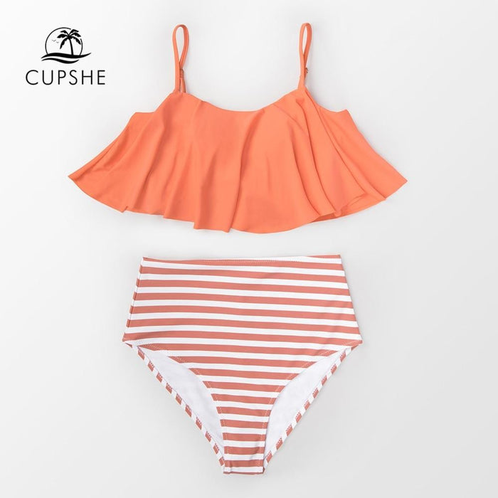 CUPSHE Orange Flounce And Striped Bikini Sets 2019 Women Sweet Ruffle High Waist Two Pieces Swimsuits Bathing Suits