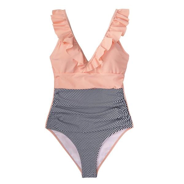 CUPSHE Peach And Striped Ruffled One-Piece Swimsuit Women Sexy Patchwork Monokini 2019 Girl Beach Bathing Suits