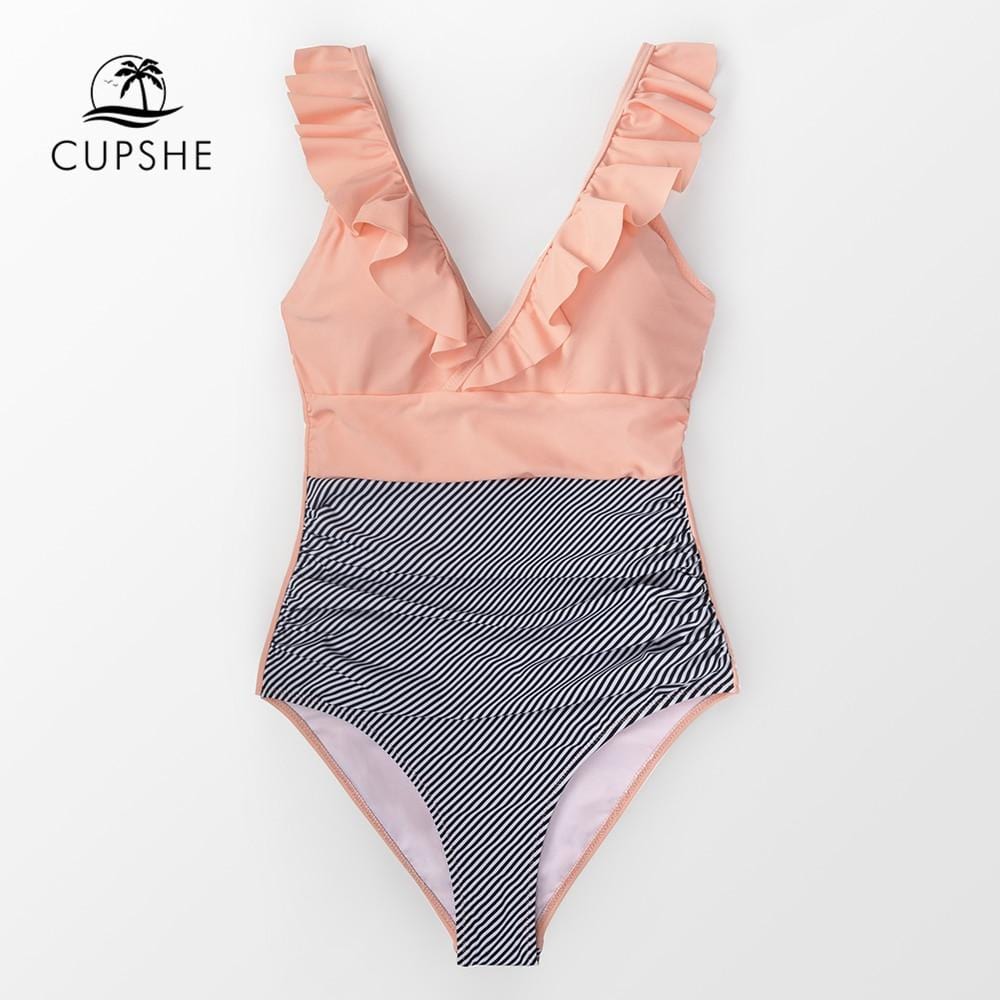 CUPSHE Peach And Striped Ruffled One-Piece Swimsuit Women Sexy Patchwork Monokini 2019 Girl Beach Bathing Suits