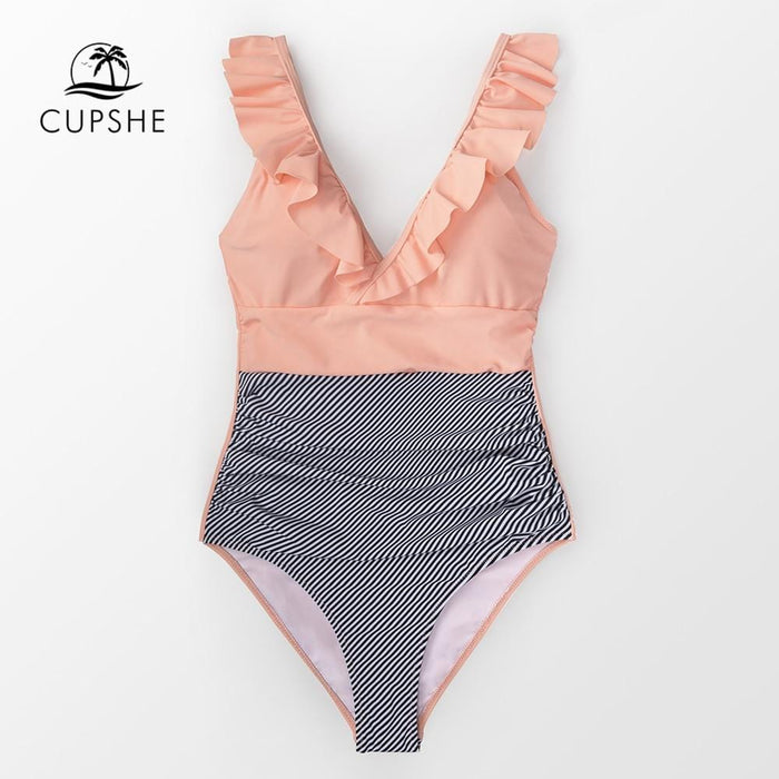CUPSHE Peach And Striped Ruffled One-Piece Swimsuit Women Sexy Patchwork Monokini 2019 Girl Beach Bathing Suits